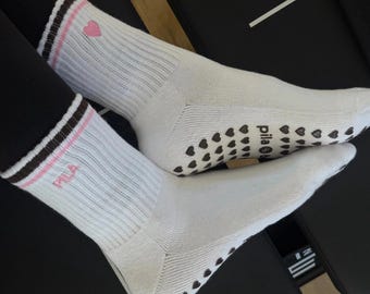 PILA Essential Grip Socks, Pink Brown Stripe, Heart Grips, Pilates Yoga Wear