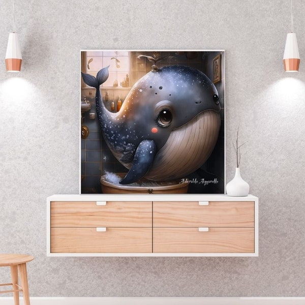 Aquarelle baleine, décoration murale originale pour votre salle de bain ou une chambre d'enfant. Adorable baleine qui prend son bain.