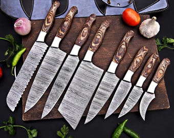 Conjunto de facas de chef em aço damasco personalizado, conjunto de facas de chef em aço damasco para presente de Natal, conjunto de cozinha artesanal em aço damasco para presente do Dia das Mães.