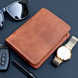 Cartera de cuero para hombre, cartera de cuero para regalo del Día del Padre, cartera de cuero personalizada para regalo de aniversario, cartera de cuero plegable hecha a mano