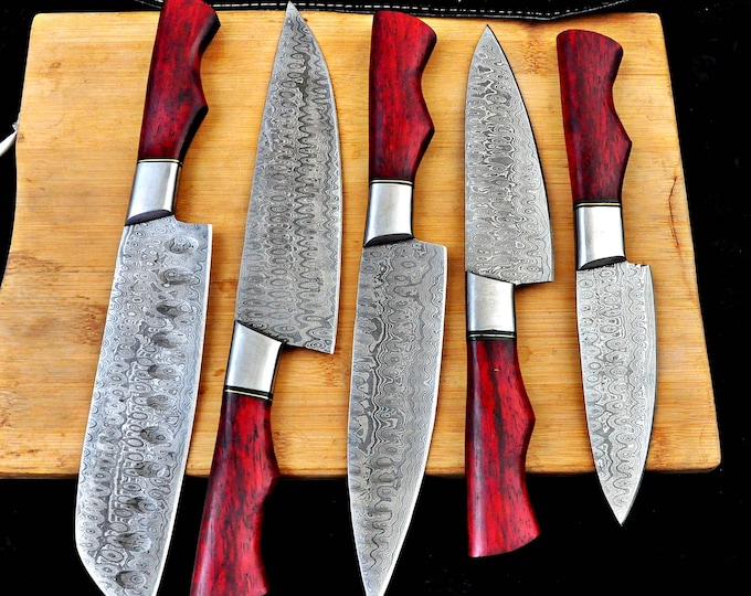 Personalized Chef Knif Set For Kitchen Utensils, Damascus Steel Chef Set For Wedding Gift, Carbon Steel Handmade Kitchen Set For Chef, Knifw