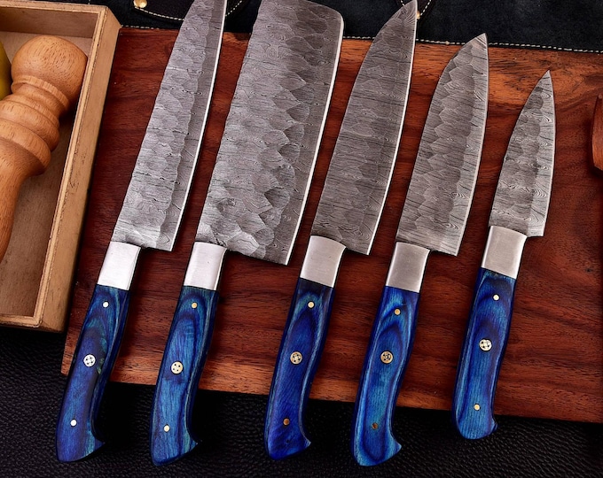 Personalised Damascus Steel Chef Set, Damascus Steel Chef Knifw Set For Christmas Gift, Damascus Handmade Kitchen Set For Halloween Gift.