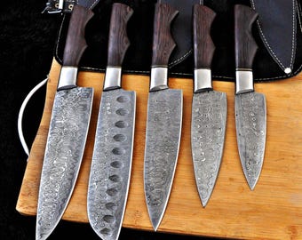 Personalized Chef Knif Set For Kitchen Utensils, Damascus Steel Chef Set For Wedding Gift, Carbon Steel Handmade Kitchen Set For Chef, Knifw