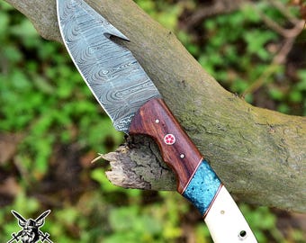 May include: A Damascus steel knife with a wooden handle featuring a blue resin inlay and a white end. The blade has a unique hook design. The handle has a red and white circular design. The knife is displayed on a tree branch.