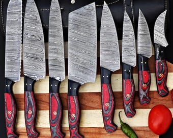 Personalisierte Damaszener Stahl Koch Set, Damaszener Stahl Koch Knifw Set für Weihnachtsgeschenk, Damaszener handgemachtes Küchenset für Halloween Geschenk.