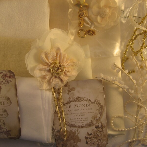 Shabby tissu Chic fibre Art, énorme coordonné blanc, beige, kit or artisanat, art textile, fibre, kit embellissement, cordonnet, grand amount04