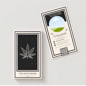 May include: Two business cards with a black and white design. One card features a cannabis leaf on a starry background with the text "THE BUDTENDER". The other card has a landscape image and contact information, including a QR code and the phrase "YOUR FUTURE IS BRIGHT AND SLIGHTLY BAKED".