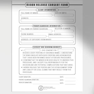 Piercing MINOR RELEASE FORM | Piercing Consent for minors