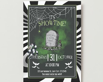 May include: Black and white striped background with a green and black tombstone that says "Please join us Lydia is turning 13". The text "It's Showtime!" is in green and white. The text "Thursday 31 October at 10:00 PM" is in white. The text "123 Anywhere St. Any City, ST 12345 The Ghost with the Most!" is in white.