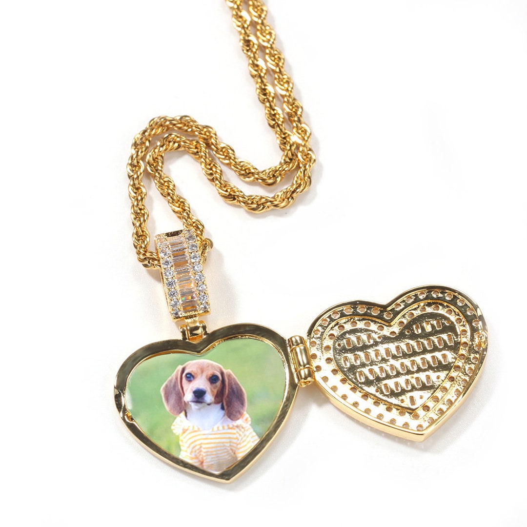 Hip-hop Flip Heart Personalized Photo Pendant With Zirconia Solid DIY ...