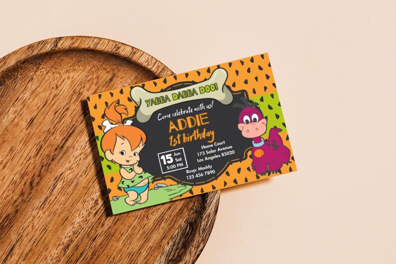 Pebbles Birthday Invitation, Flintstones Invite Card, Digital