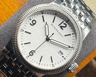 Burberry Swiss Made Watch White Dial Date Steel Bracelet Full Set