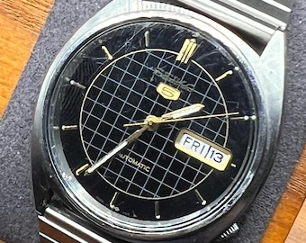 Montre homme vintage Seiko 5 6309-8840 automatique à cadran quadrillé noir