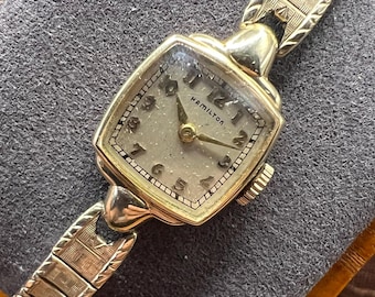 1950s Hamilton Cocktail Vintage Watch 14k Gold Filled Ladies Engraved - Stretch Gold-Tone Bracelet
