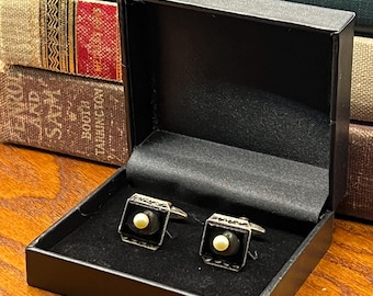 Gemelos vintage de plata con perlas negras - Gemelos de boda para novio estilo Art Déco