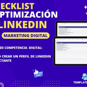 May include: A checklist for optimizing a LinkedIn profile for digital marketing. The checklist is in a spreadsheet format with a blue background and white text. The title of the checklist is "Checklist Optimización LinkedIn Marketing Digital". The subtitle is "Guía de competencia digital: Cómo crear un perfil de LinkedIn impactante".