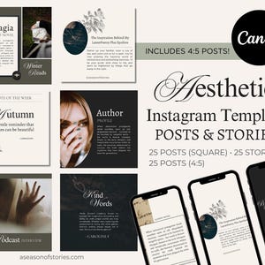 Op de afbeelding: Een set van 25 esthetische Instagram-sjablonen voor berichten en verhalen. De sjablonen hebben een zwart-wit kleurenschema met een minimalistisch ontwerp. De sjablonen bevatten citaten, auteursprofielen en boekrecensies.