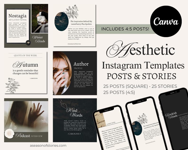 Op de afbeelding: Een set van 25 esthetische Instagram-sjablonen voor berichten en verhalen. De sjablonen hebben een zwart-wit kleurenschema met een minimalistisch ontwerp. De sjablonen bevatten citaten, auteursprofielen en boekrecensies.