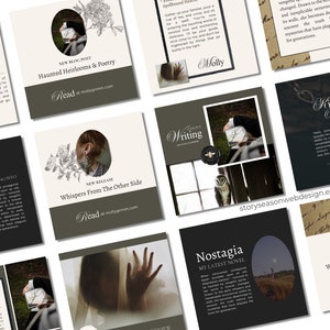 Op de afbeelding: Een collage van negen Instagram-achtige afbeeldingen die een boekenserie promoten. De afbeeldingen tonen verschillende thema's, waaronder spook schrijven, spookachtige erfstukken en gefluister van de andere kant. De tekst "Lees" verschijnt op elke afbeelding, samen met het websiteadres van de auteur.