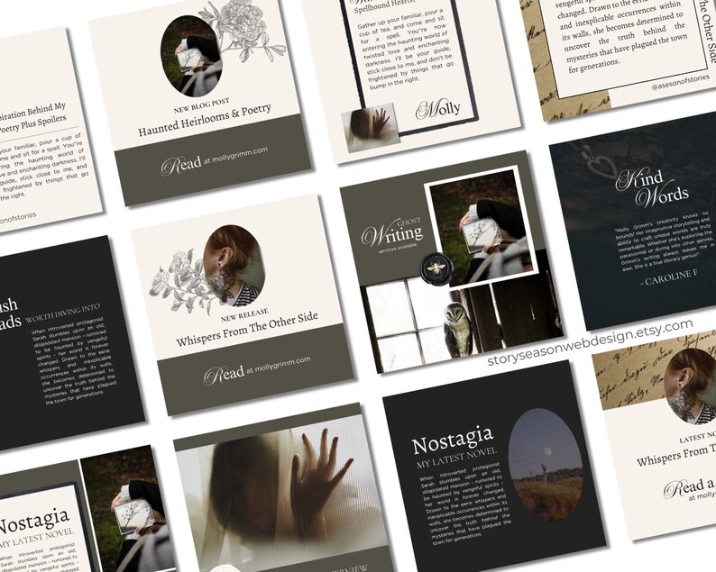 Op de afbeelding: Een collage van negen Instagram-achtige afbeeldingen die een boekenserie promoten. De afbeeldingen tonen verschillende thema's, waaronder spook schrijven, spookachtige erfstukken en gefluister van de andere kant. De tekst "Lees" verschijnt op elke afbeelding, samen met het websiteadres van de auteur.