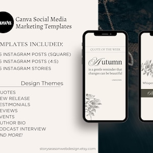 Op de afbeelding: Een set van 25 Instagram-posttemplates voor vierkante en 4:5-beeldverhoudingen, en 25 Instagram-storytemplates. De templates bevatten een citaat over de herfst, een aankondiging van een nieuwe release en ontwerpthema's zoals citaten, nieuwe releases, testimonials, recensies, evenementen, auteursbiografie&euml;n, podcastinterviews en meer.