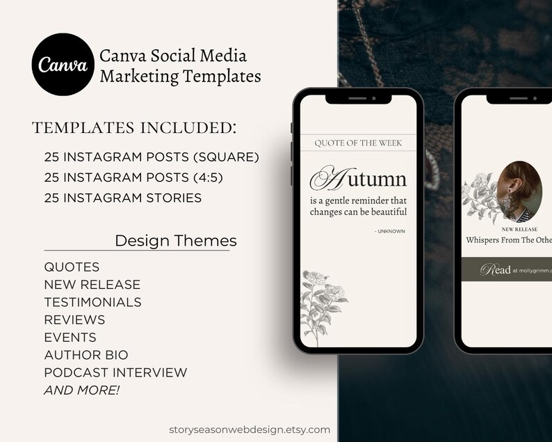 Op de afbeelding: Een set van 25 Instagram-posttemplates voor vierkante en 4:5-beeldverhoudingen, en 25 Instagram-storytemplates. De templates bevatten een citaat over de herfst, een aankondiging van een nieuwe release en ontwerpthema's zoals citaten, nieuwe releases, testimonials, recensies, evenementen, auteursbiografie&euml;n, podcastinterviews en meer.