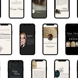 Op de afbeelding: Een verzameling van 12 telefoon schermmocups met verschillende ontwerpen voor social media content. De ontwerpen omvatten citaten, boekrecensies, auteursprofielen en podcastinterviews. De mockups zijn geplaatst tegen een witte achtergrond.