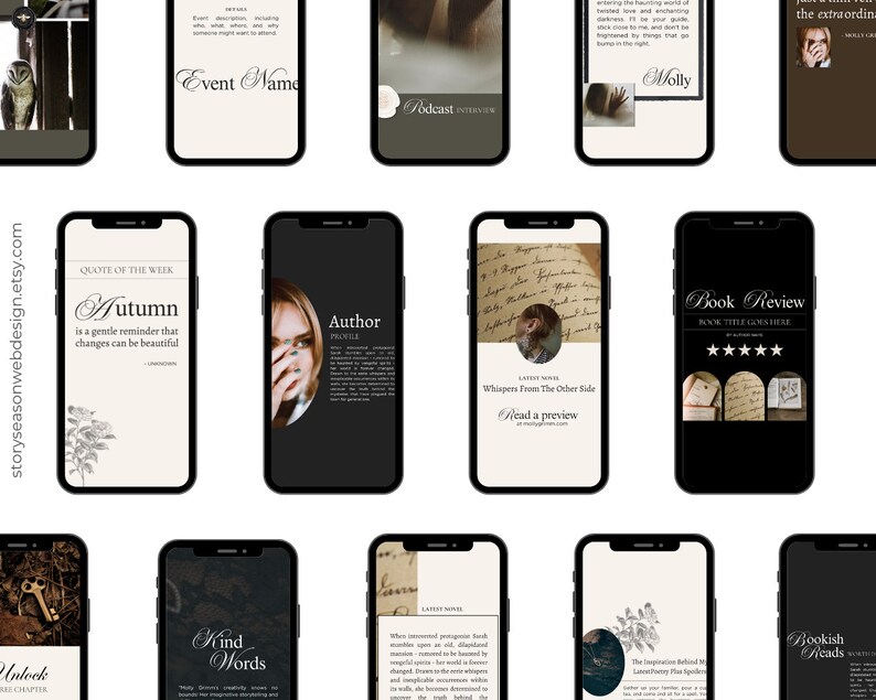 Op de afbeelding: Een verzameling van 12 telefoon schermmocups met verschillende ontwerpen voor social media content. De ontwerpen omvatten citaten, boekrecensies, auteursprofielen en podcastinterviews. De mockups zijn geplaatst tegen een witte achtergrond.