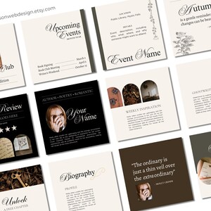 Op de afbeelding: Een verzameling van negen Instagram-posttemplates voor auteurs en boekbloggers. De templates bevatten een verscheidenheid aan ontwerpen, waaronder een boekrecensie, een biografie, een wekelijkse inspiratiepost en een ghostwriter-aankondiging. De templates zijn allemaal in een neutrale kleurenpalet met een vintage esthetiek.