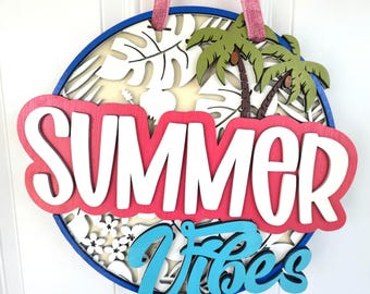 SUMMER Vibes Door Hanger | Tropical Summer Decor | Beach House Welcome Sign | Birch Wood Wall Art