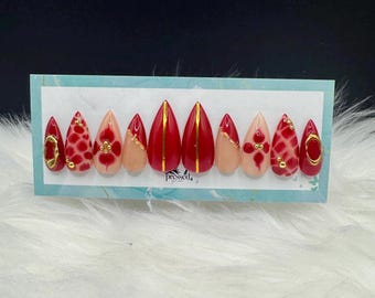 Red & Gold Press On Nails: Luxury Handmade Reusable Nail Set