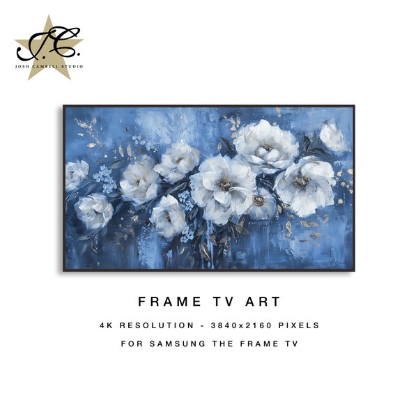 White Poppy Flowers on Gold and Blue, 4K Frame TV Art, Colorful Oil Painting, Expressionism Screensaver, Digital High-Resolution Art