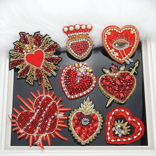 1pc Heart Applique Patches, Rhinestone Sequined Sew on Patches, Red Beaded Patches, for Clothing, Decorative Parches