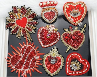 1 pezzo toppe applicate a cuore, toppe da cucire con strass e paillettes a cuore sacro, toppe con perline a forma di corona rossa per abbigliamento, parches decorative