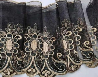 Bordure en dentelle à broder noire 8,26 po., bordure en dentelle florale noire, dentelle de tull à broder, dentelle non extensible, bordure en dentelle noire, fournitures de couture - 1 mètre