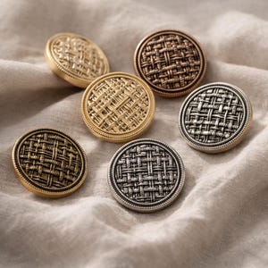Pode incluir: Seis botões decorativos em vários acabamentos metálicos, incluindo dourado, bronze e prata. Cada botão tem um design de textura tecida e uma forma arredondada. Os botões estão dispostos sobre um fundo de tecido neutro.