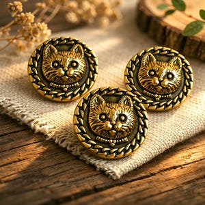 Botones de gato vintage de 20 mm con vástago dorado antiguo para abrigos, bolsos y trajes (8 unidades)