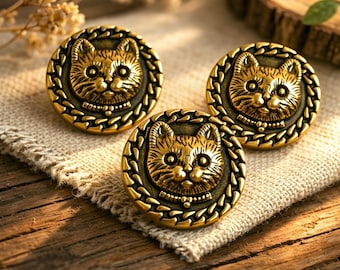 Vintage Cat Buttons - 20mm, Antique Gold Shank Buttons for Coat