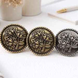 Antique Rose Metal Shank Buttons 18-23mm, Vintage Bronze Gunmetal Sewing, Crafts - 10pcs