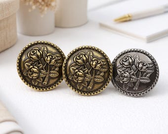Antique Rose Metal Shank Buttons 18-23mm, Vintage Bronze Gunmetal Sewing, Crafts - 10pcs
