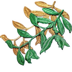1pcs Gold Green Leaves Sequins Embroidered Patches Applique, Embroidered Sequin Patches, Summer Patches, Clothing Decoration Patch, Sew On