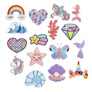 Parches termoadhesivos de unicornio y sirena: apliques bordados para niños (16 piezas)