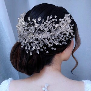 Crystal Rhinestone Bridal Applique: 3D Beaded Flower Hair Embellishment 34x12cm, 1pcs