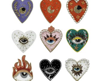 Beaded Sacred Heart Patch - Embroidered Eye Patch Applique - Rhinestone Applique - Embroidered Evil Eye Patch for Jackets Sweater - 1pcs