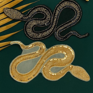 Gold & Black Sequin Snake Applique Patches – Beaded Embroidered Iron-On Motifs for Jacket, Jeans, Bag, DIY Clothes Decoration, 29.5x15cm
