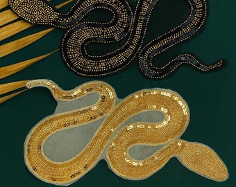 Gouden en zwarte pailletten slangenappliqué – met kralen geborduurde opstrijkmotieven voor jas, jeans, tas, doe-het-zelfkledingdecoratie, 29,5 x 15 cm