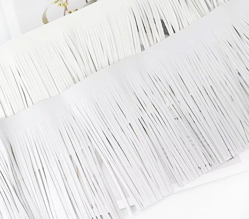 Pu&ograve; includere: Frange bianca con una frangia lunga e sottile. La frangia &egrave; realizzata in un materiale morbido e flessibile, perfetta per aggiungere un tocco di texture e movimento a qualsiasi progetto.