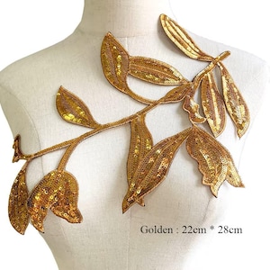 Gold & Green Sequin Leaf Applique 28x22cm: Embroidered Clothing Patch, 1pcs