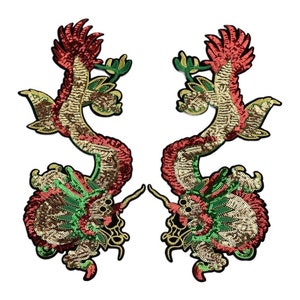 Big Embroidered Dragon Patch for Clothing, Iron On Patch, Chinese Dragon - Sequins Applique - Shimmering Sew-On Sticker - Pair