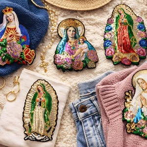 Virgin Mary Sequin Patch Iron On Applique, Jesus Religious Embroidered DIY Clothing Decoration, 1pcs